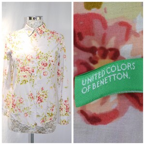 90s Benetton Floral Cotton Oxford Shirt: Country Chic, XS
