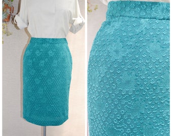 60's Bombshell Teal Green Fitted Pencil Skirt - Vintage Handmade, Tailor Made - MOD Sex Kitten Hourglass Figure - Small, 27" Waist