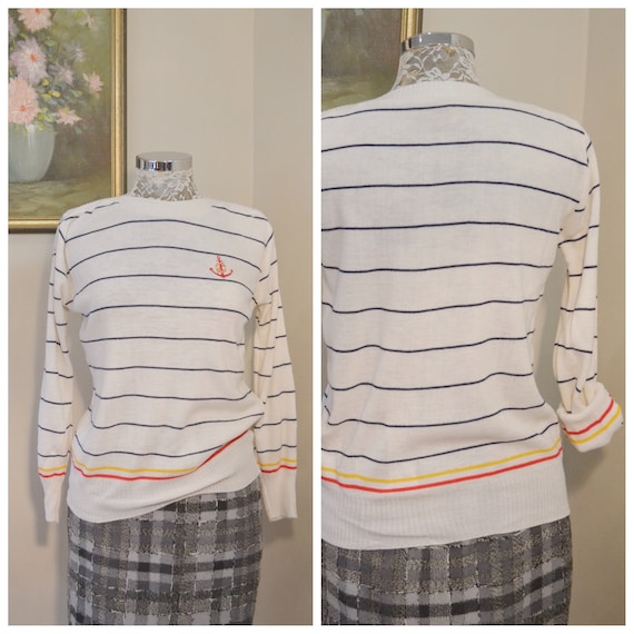 1960's Sporty Granny Sweater Maritime Navy Stripe … Gem