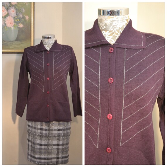 70's MOD Granny Cardigan in Dark Plum - Grey Chevr
