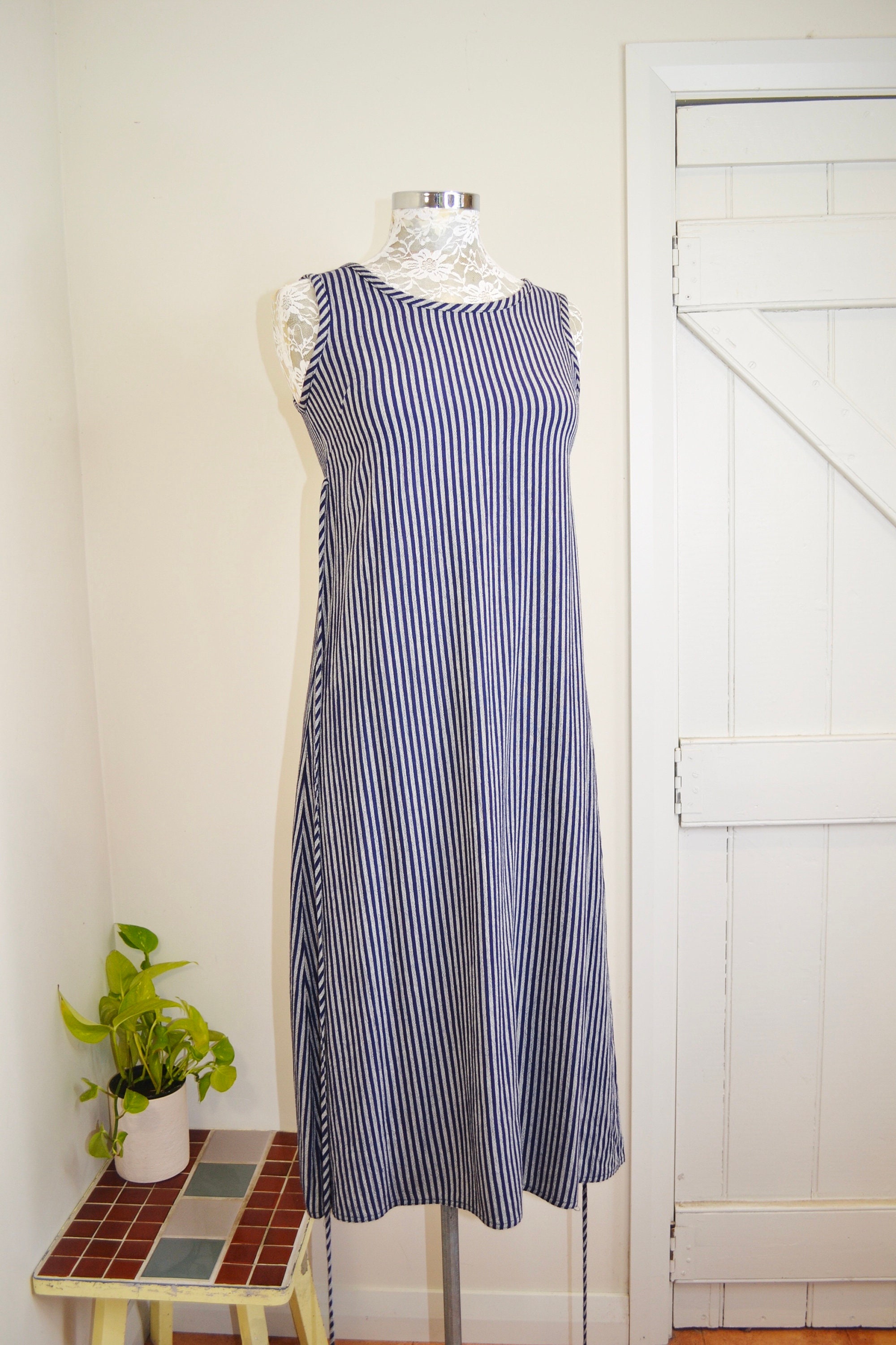 90's Preppy Barefoot Maxi Dress in Navy Blue Stripe Heavy - Etsy