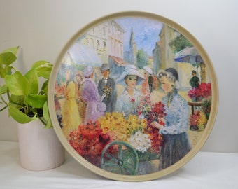 Victorian Flower Markt Damen Druck auf großer runder Metall Servierplatte von Willow Australia - 39 cm Durchmesser