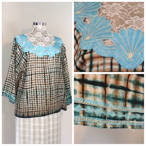 Handmade Cotton Tie Dye Top: Turquoise Embroidered Trim, Medium