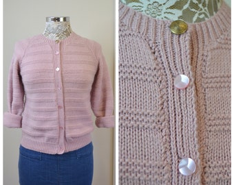 Vintage Hand Knit Granny Cardigan in Blush Mauve Pink - MOD 60's - Horizontal Stripe Knit - Cute Pink Vintage Buttons - X Small