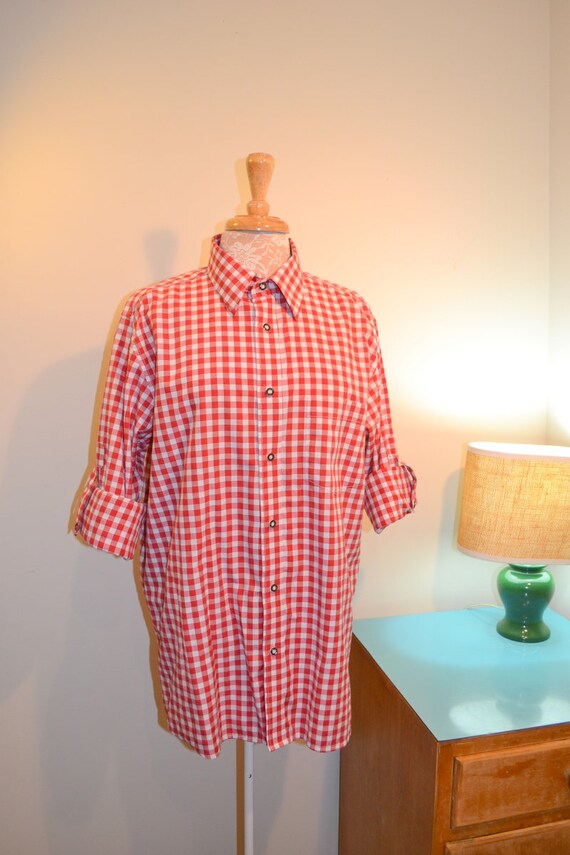 Unisex Boyfriend Red Gingham Check Shirt - Mens Medium - 1980