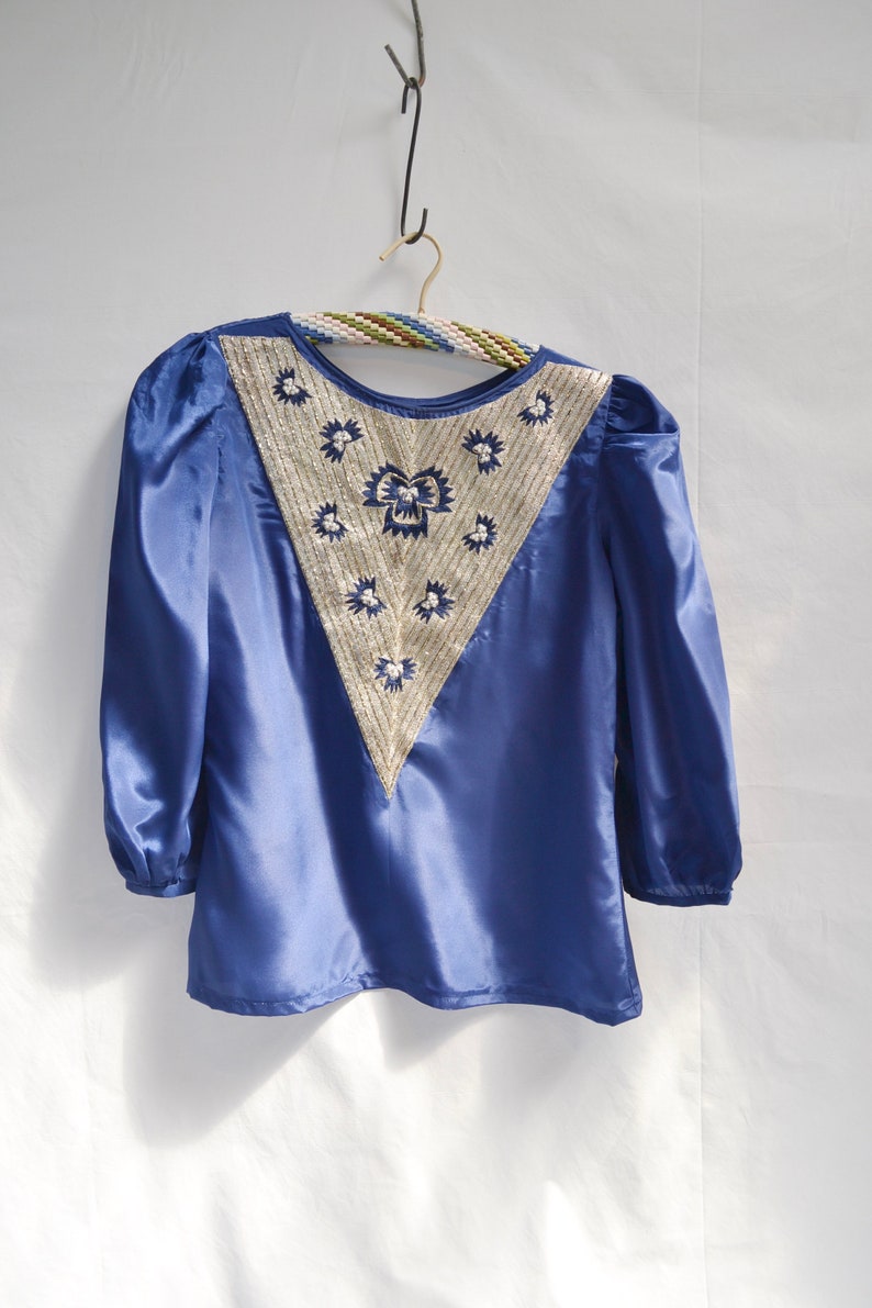 Cropped Short Gorgeous Embellished Ethnic Beaded Top w Puff Sleeves XS