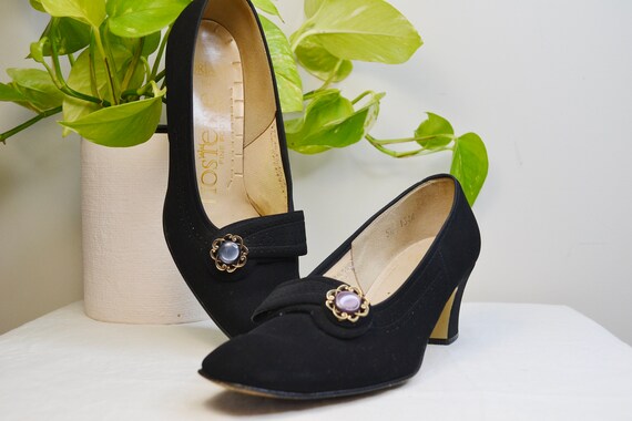 1960 s Mod Granny Kitten Heels Black Fabric Loafer Pumps W Lovely Button Detail by Hostess Fine Footwear 2 Heel Women s 5.5 6 Etsy