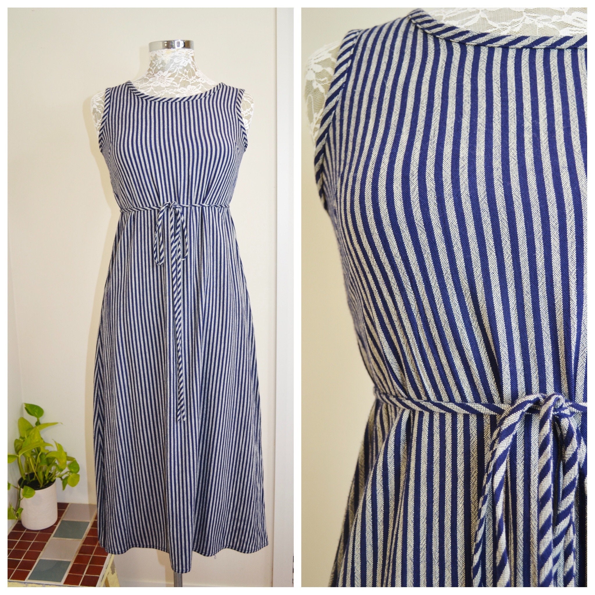 90's Preppy Barefoot Maxi Dress in Navy Blue Stripe, Heavy Rayon Linen ...