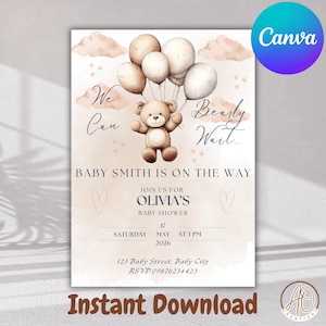 Editable Gender Neutral Bear Baby Shower Invitation, We Can Bearly Wait Baby Shower Invite, Brown Boho Bear Baby Shower, Neutral Bear