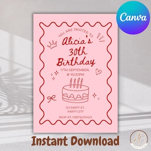 Invitación ilustrada para fiesta en rosa y rojo, invitación para 30 cumpleaños, plantilla de invitación de cumpleaños, descarga digital