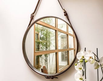 NOBI DEUX 28" Strapped Mirror Adnet Jamie Young Style Captain's Mirror Hanging Bddw Gobi Round leather hanging bathroom entry mirror large