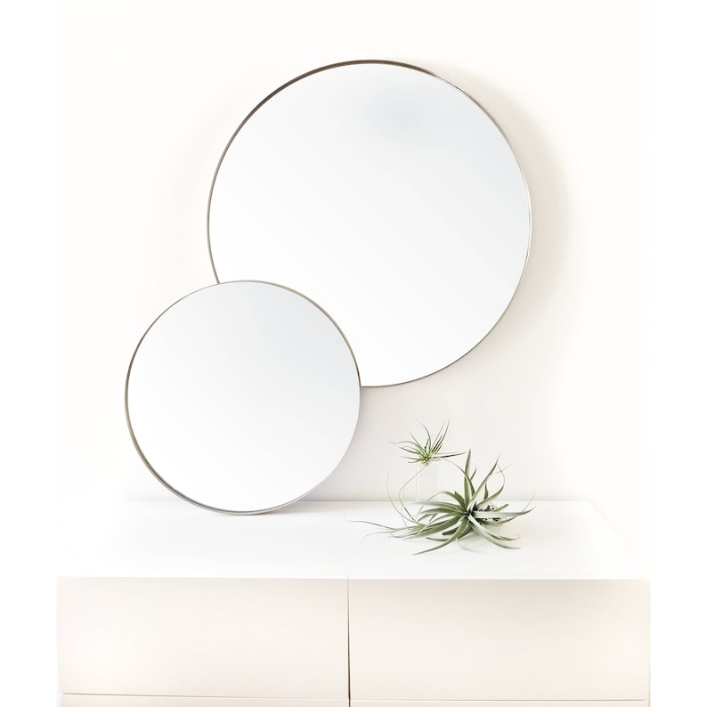 20" SMALL Round Wall Mirror - Entryway mirror, bathroom mirror, large round mid century modern, minimalist, brushed stainless silver, gold image 2