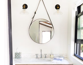 NOBI - Strapped 20" small Mirror Adnet Jamie Young Style Captain's Mirror Hanging bddw Gobi Round leather hanging bathroom entry mirror