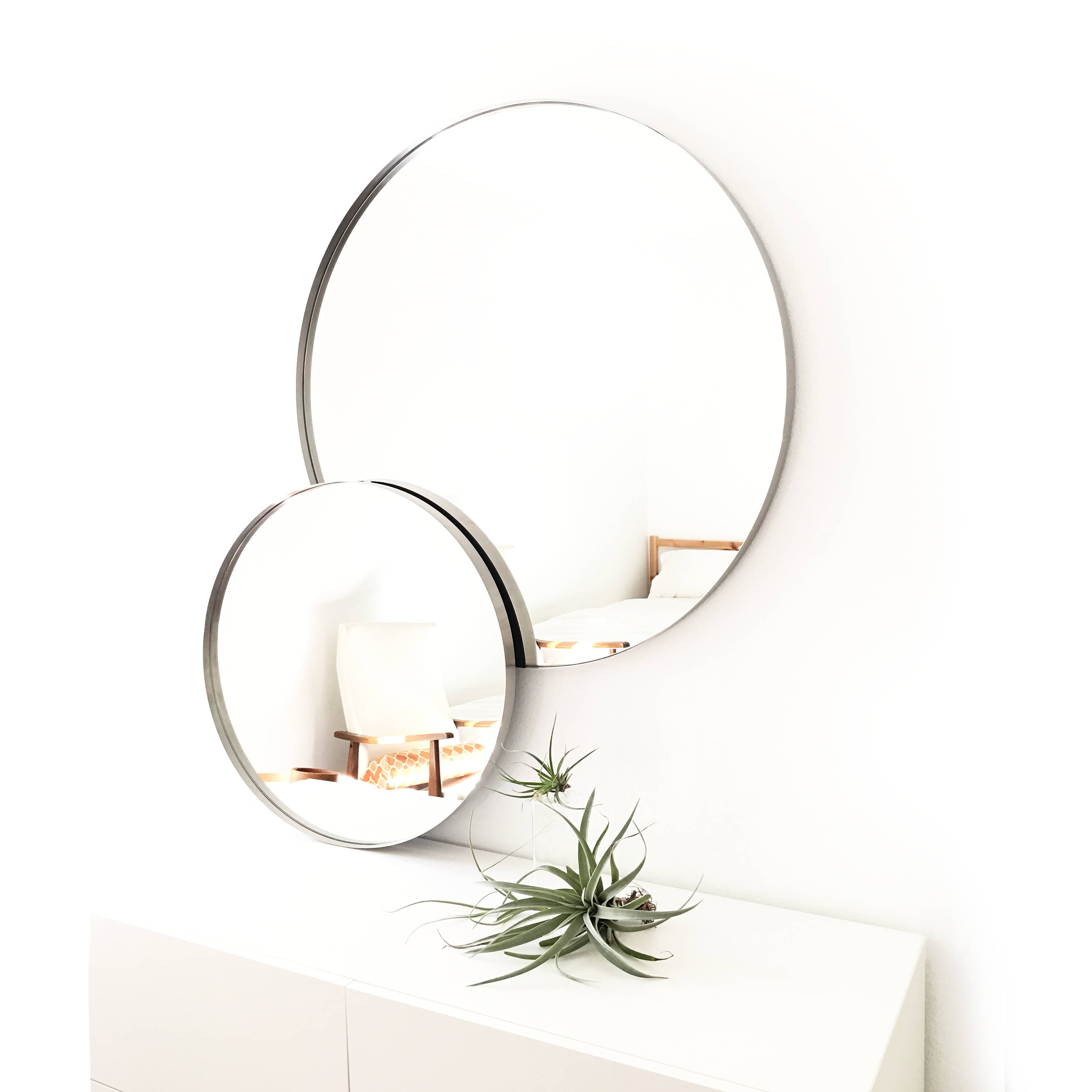 23 Grand Miroir Rond en Acier Inoxydable - d'entrée, de Salle Bain, Grand Du Milieu Siècle Moderne, 