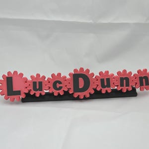 K&ouml;nnte beinhalten: Ein personalisiertes Namensschild mit dem Schriftzug LucDunn in schwarzen Buchstaben, wobei jeder Buchstabe auf einer rosafarbenen, zahnradf&ouml;rmigen Basis zentriert ist. Die Zahnr&auml;der sind horizontal verbunden und auf einem schwarzen Sockel montiert.