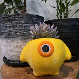 May include: A yellow ceramic planter shaped like a cartoon character with a single orange eye and a succulent plant growing inside.