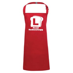 May include: A red apron featuring a white bread slice graphic with the letter "L". The text "Food Technology" is printed in white below the bread. The apron has an adjustable neck strap and a buckle.
