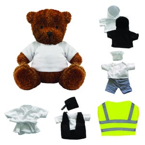 May include: A brown plush teddy bear wearing a white t-shirt, accompanied by a collection of doll clothing including hoodies, a chef outfit with a hat, a white bathrobe, a black graduation cap and vest, and a neon yellow high-visibility safety vest.