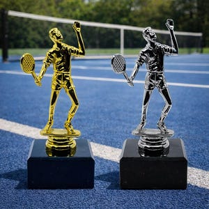 Tennis Trophy Marble Base with Plastic Topper in Gold or Silver - FREE ENGRAVING
