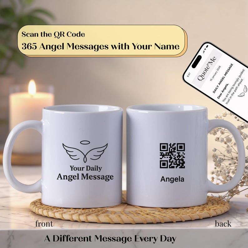 Personalized Angel Message Mug, Custom Name QR Code, 365 Daily Angel Messages Gift for Someone You Love image 1