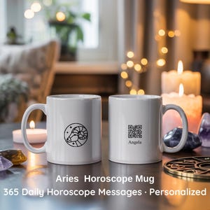 Caneca do Zodíaco de Áries – Caneca de Café Personalizada com Horóscopo Diário, Código QR, 365 Mensagens, Presente Astrológico para Áries