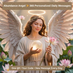 以下が含まれることがあります： 大きな白い翼、金色の光輪、穏やかな表情をした天使の姿。光るオーブとピンクの蓮の花を持っています。画像には「Abundance Angel 365 Personalized Daily Messages」というテキストが含まれています。