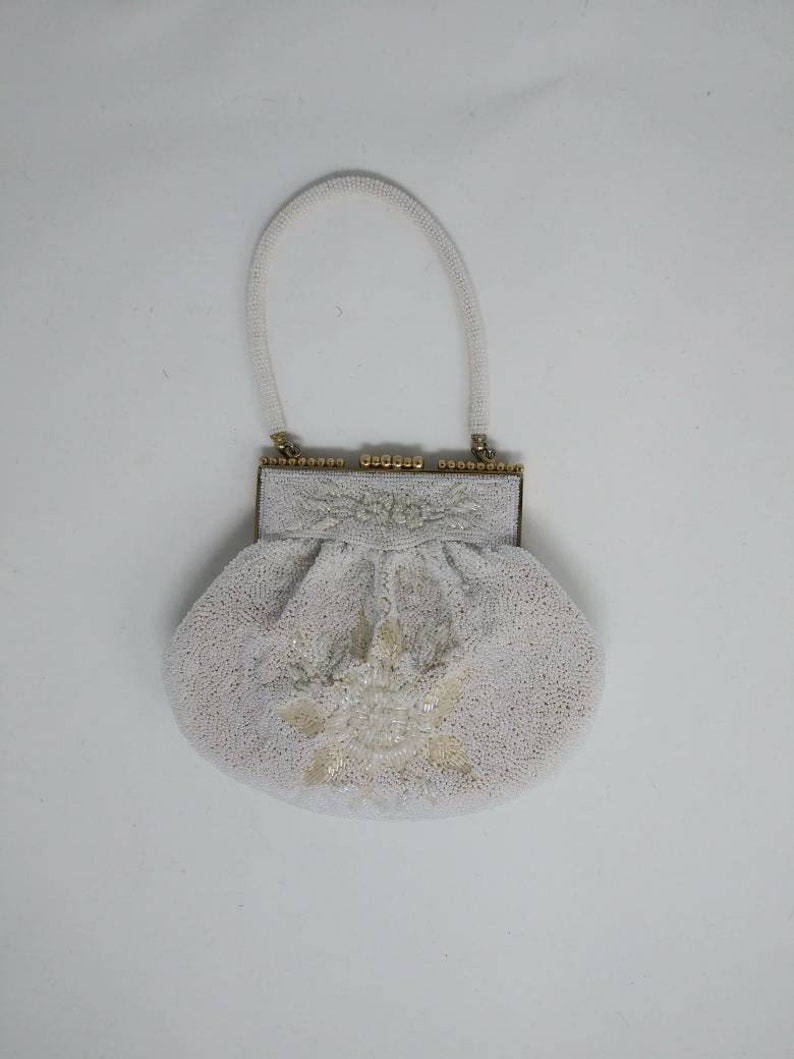 Vintage 1950/'s white beaded handbag fifties purse made in Korea