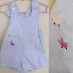 Vintage 1960&#39;s Baby in the Carriage blue romper with embroidered birds / 3 to 6 months