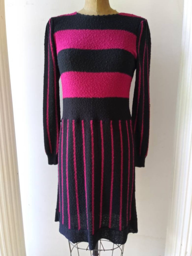 Vintage 1980/'s Wyndcliff sweater dress eighties hot pink and black striped dress medium