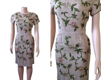 Vintage 1950's Jon McCauley wiggle / fifties garden party floral dress / 27 waist