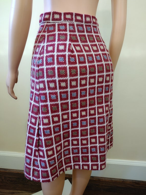 Vintage 1970's knit checkered burgundy skirt with… - image 5