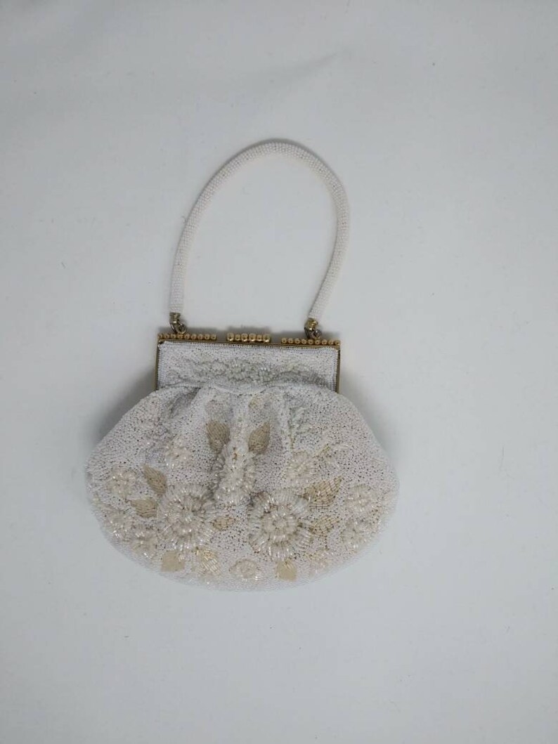 Vintage 1950/'s white beaded handbag fifties purse made in Korea