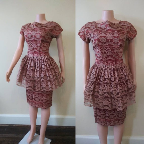 Vintage 1950's peplum lace dress / fifties bronze… - image 1