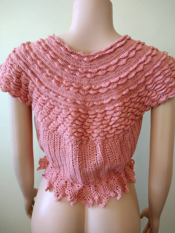 Vintage handmade pink cropped crochet top / large - image 6