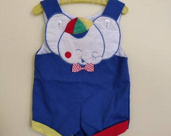 Vintage baby primary colors blue shortfalls romper with elephant 12 months
