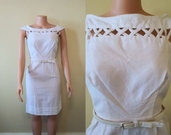 Vintage 1960's Susan Ross white dress / sixties cutout wiggle / 27 waist