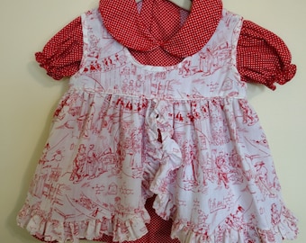 Vintage baby short sleeve polka dot toile pinafore dress 12 months