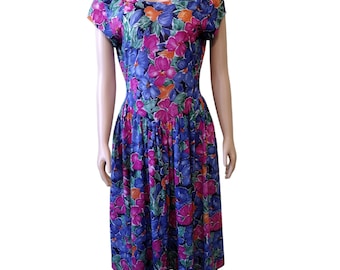 Vintage Darian pleated drop waist short sleeve floral dress size 10