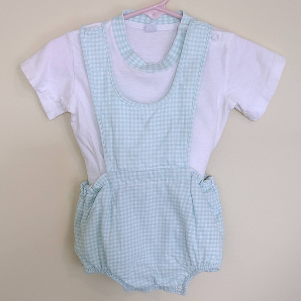 Vintage Carter's 1980's baby romper / turquoise gingham 2 PC lined playsuit / 12 months