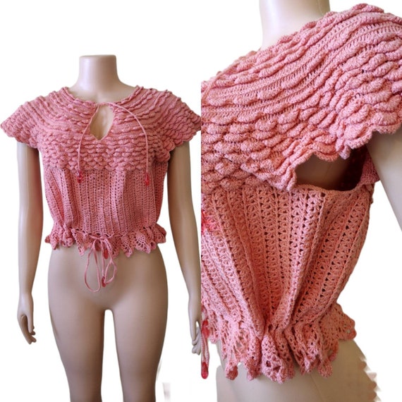 Vintage handmade pink cropped crochet top / large - image 1