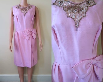 Vintage 1960's pink beaded cocktail dress / sixties sleeveless party / 30 waist