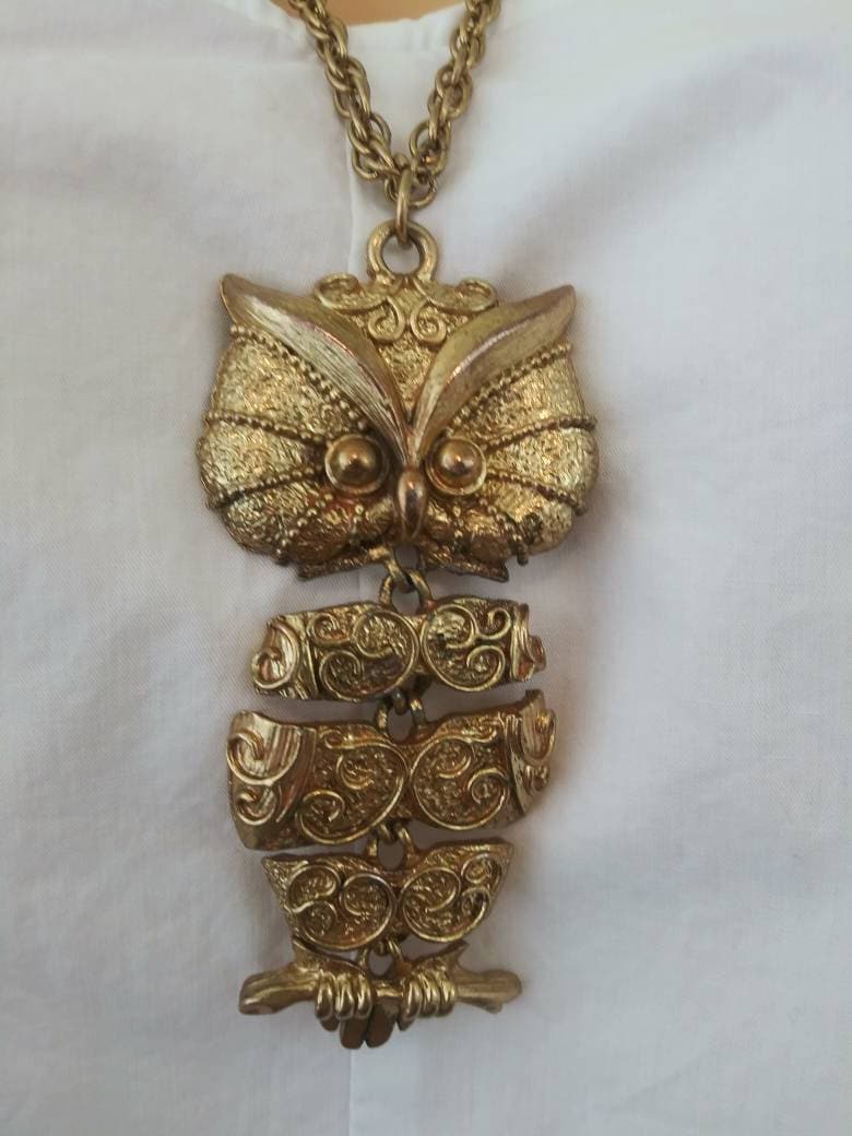 Vintage JJ 1970's articulated owl necklace / seventies chain link owl