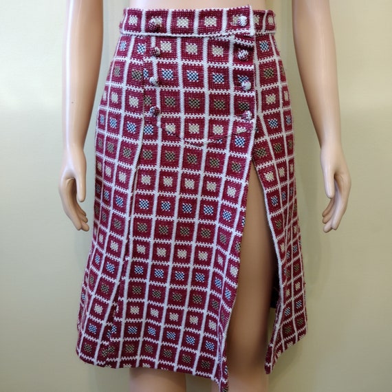 Vintage 1970's knit checkered burgundy skirt with… - image 1