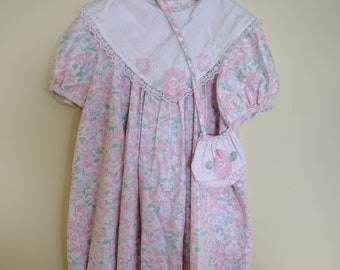 Vintage Special Occasions pink floral short sleeve dress with matching purse size 5