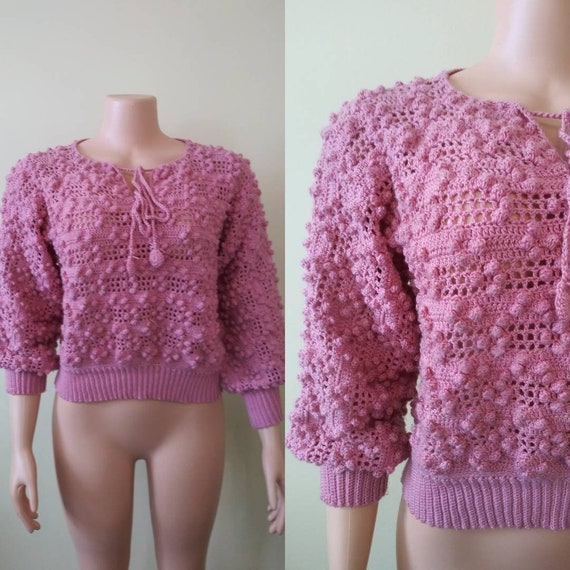 Vintage 1980's pink crochet sweater / eighties cr… - image 1