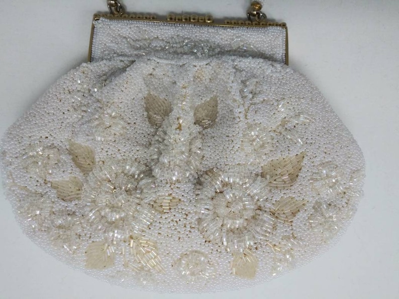 Vintage 1950/'s white beaded handbag fifties purse made in Korea