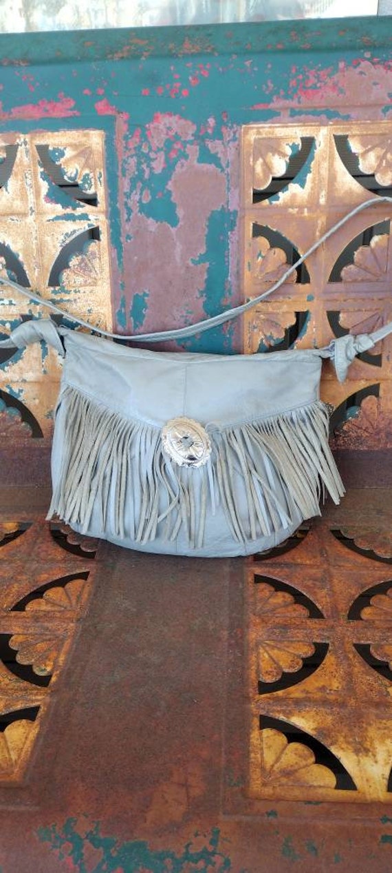 Vintage 1980's leather grey fringe purse / should… - image 1