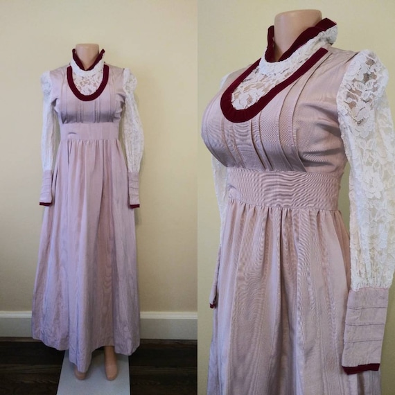 Vintage 1970's maxi with lace / 70's pink empire w
