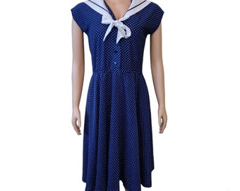Vintage navy blue polka dot capped sleeve midi dress size 14