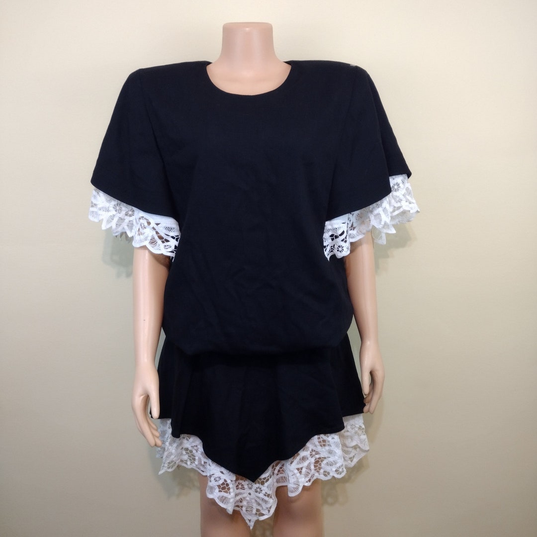 Vintage 1980's Tiffani Kim Black and White Crochet Trim Dress Size 12